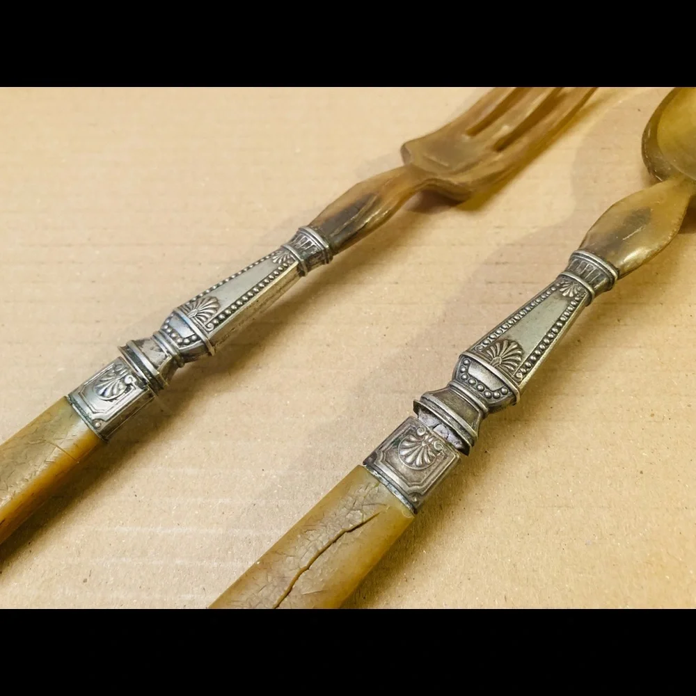 Antique Silver plate center, Bakelite handles serving fork spoon